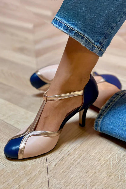 Alessia™ | Renkli ve Rahat T-Strap Yuvarlak Burun Topuklular