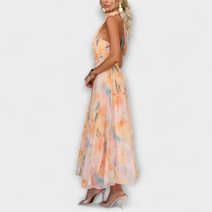 Halter Yaka Akvarel Desenli Maxi Elbise
