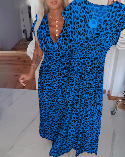 Leopar Desenli V Yakalı Şık Elbise